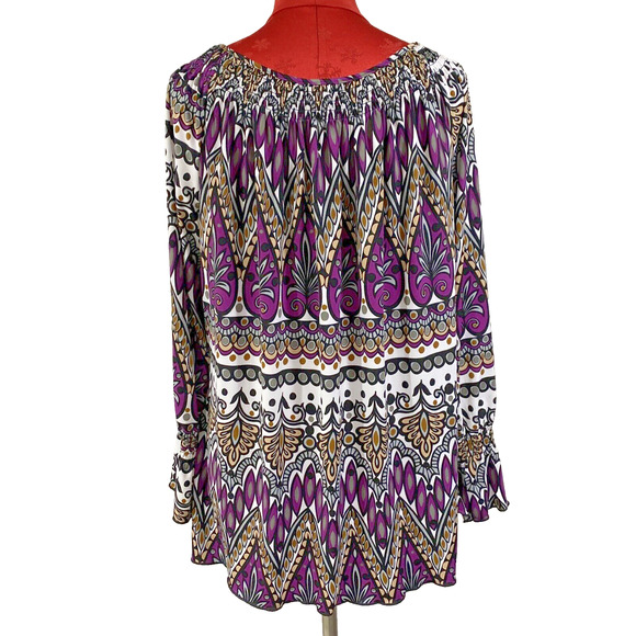 New Directions Size XL Peasant Top Tunic Blouse Boho Purple Gray Tan Floral Chic - Picture 6 of 9